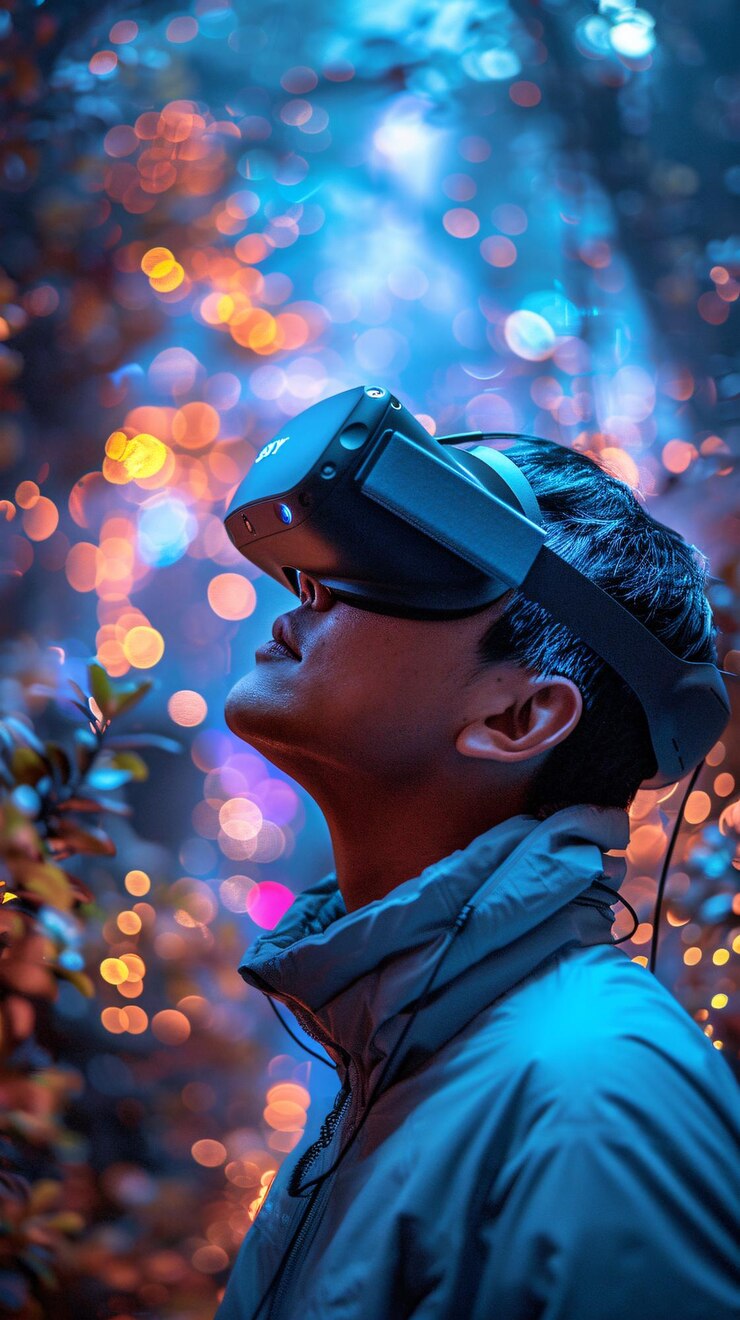 Foto jogador adolescente usando fone de ouvido vr ilustrando o conceito de tecnologia de realidade virtual