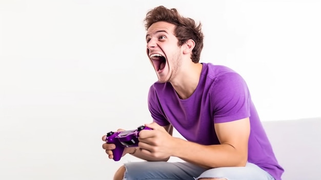 Jogador animado e chocado com fone de ouvido jogando videogame online no X Box