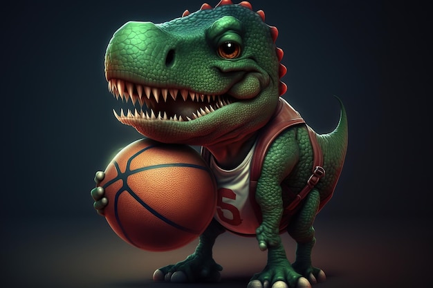 Jogador de basquete de dinossauro fofo em campo Ilustração generativa de IA