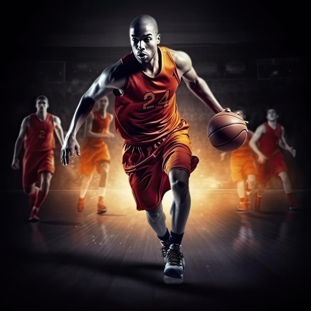 Jogador de basquete em ação na quadra de basquete com bola em fundo preto