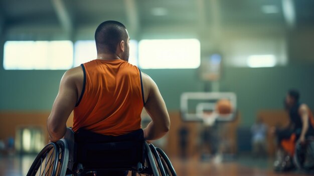 Foto jogador de basquete em cadeira de rodas assistindo o jogo das linhas laterais com o foco em suas costas e a quadra de basquetebol em primeiro plano