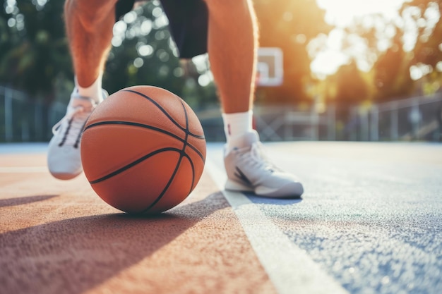 Jogador de basquete em close-up jogando basquete no campo de esportes esportista com uma bola sobre o fundo de basquetebol