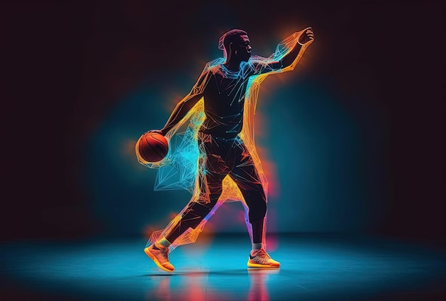jogador de basquete neon animado segurando a bola no estilo de longa exposição