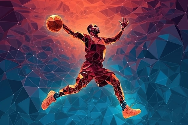 Jogador de basquete slam dunk em uma ilustração de estilo de baixo poli de energia de galáxia de dobra generativa ai