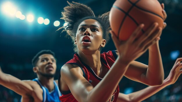 Foto jogador de basquetebol bloqueando clse para cima