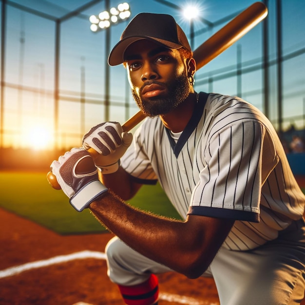 Jogador de beisebol com taco em fundo escuro Retrato de jogador de bola