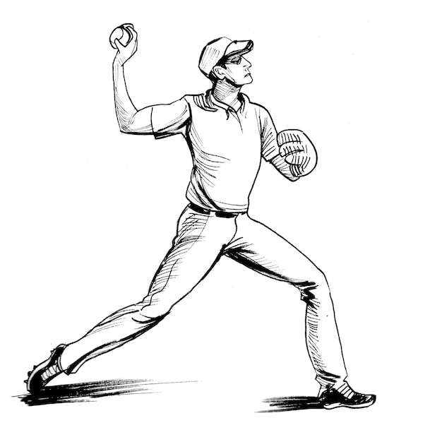 Jogador de beisebol jogando uma bola. Desenho de tinta preto e branco