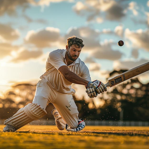 jogador de críquete em ação no estádio luz quente imagens fotorrealistas dramáticas
