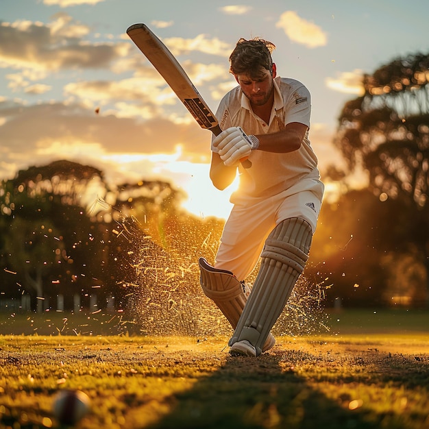 jogador de críquete em ação no estádio luz quente imagens fotorrealistas dramáticas