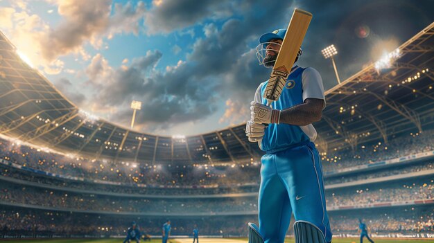 Foto jogador de críquete segurando um taco em um estádio