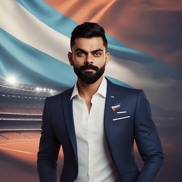 Jogador de críquete virat kohli com bandeira da Índia gerada por IA