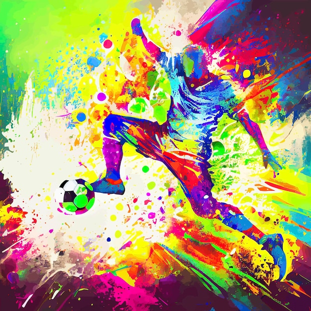 Jogador de futebol abstrato colorido chutando a bola