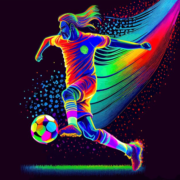 Jogador de futebol abstrato colorido chutando a bola