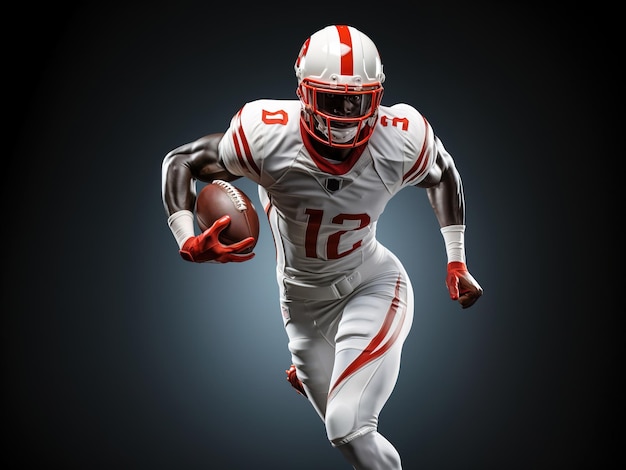Jogador de futebol afro-americano correndo com a bola em uniforme branco com capacete recortado