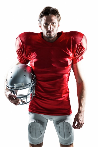 Jogador de futebol americano em jersey vermelho com capacete