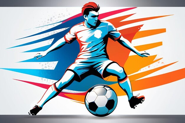 Foto jogador de futebol bate a bola em movimento banner de futeball modelo de design vector