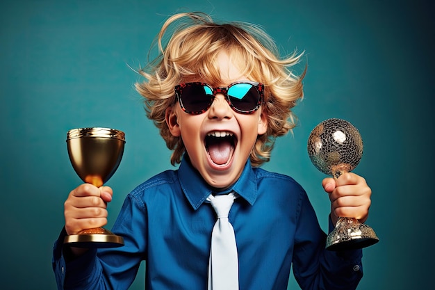 Jogador de futebol Celebração dos vencedores do menino sorridente segurando prêmios de troféu