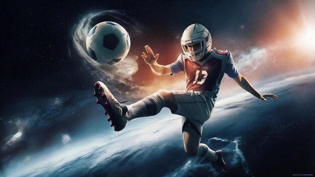 Jogador de futebol chuta a bola de futebal para o espaço