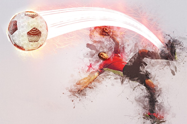 Jogador de futebol chutando bola Design venda silhueta de promoção esportiva com caminho de bola de cor neon vermelha