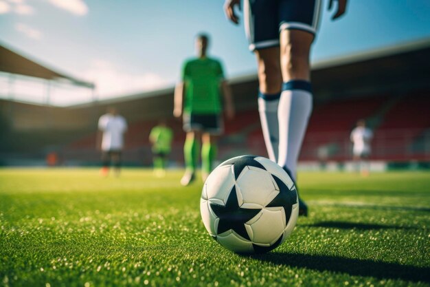 Jogador de futebol com a bola na grama do campo