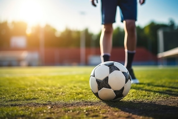 Jogador de futebol com a bola na grama do campo