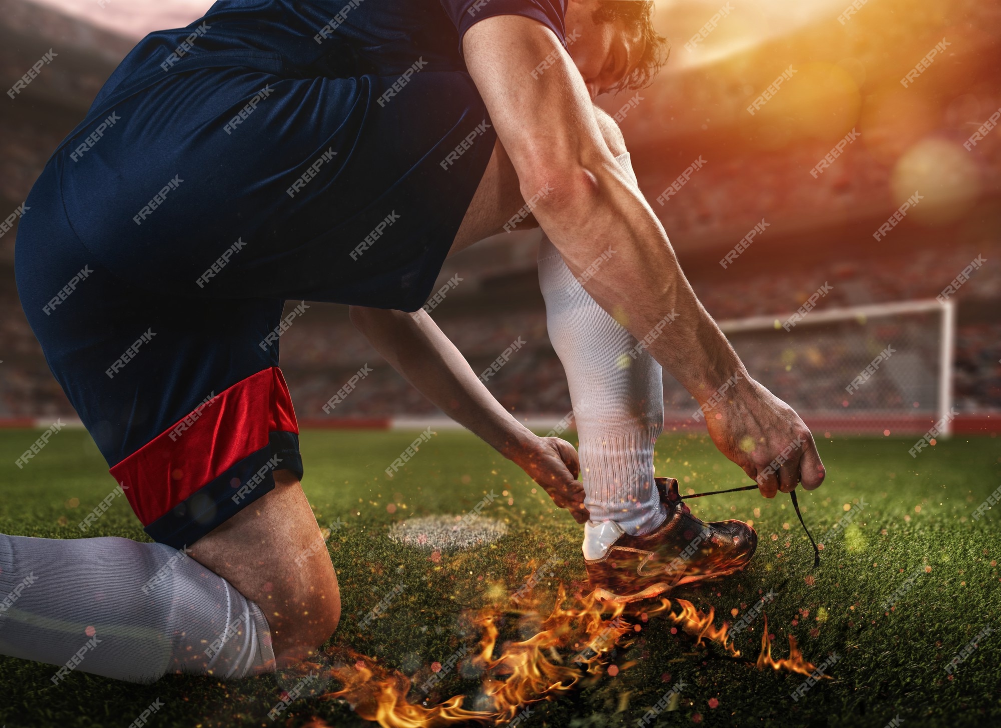 Jogador de futebol amarra suas chuteiras prontas para jogar na