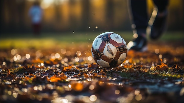 Jogador de futebol com os pés a chutar a bola num campo sujo