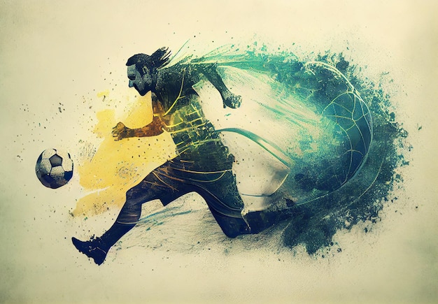 Jogador de futebol de cartaz esportivo abstrato batendo na imagem gerada por IA da bola
