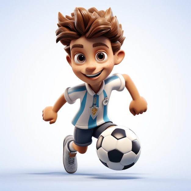 Jogador de futebol de desenho animado em 3D segurando a bola em fundo branco