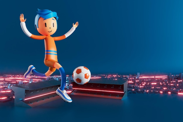 Jogador de futebol de personagem de menino 3D em ação de futebol 3d ilustração esportes fundo conceito homens chutar movimento esportes ação pessoa papel de parede gráfico desenho animado jogo de futebol layout de cartaz criativo