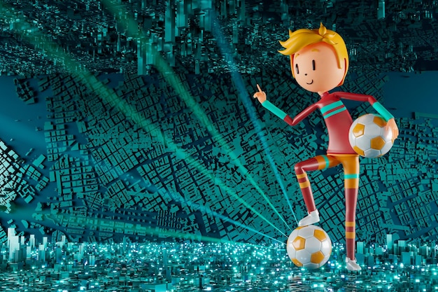 Jogador de futebol de personagem de menino 3D em ação de futebol 3d ilustração esportes fundo conceito homens chutar movimento esportes ação pessoa papel de parede gráfico desenho animado jogo de futebol layout de cartaz criativo