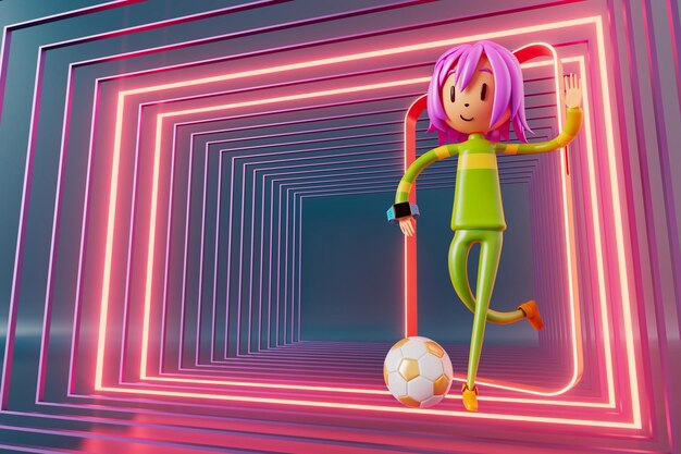 Jogador de futebol de personagem de menino 3D em ação de futebol 3d ilustração esportes fundo conceito homens chutar movimento esportes ação pessoa papel de parede gráfico desenho animado jogo de futebol layout de cartaz criativo