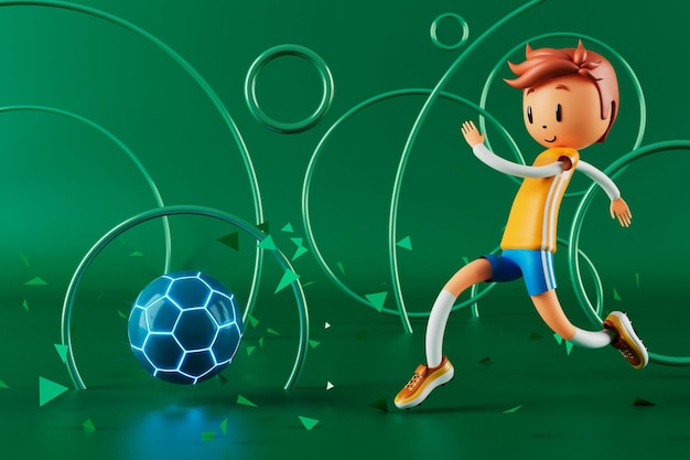 Jogador de futebol de personagem de menino 3D em ação de futebol 3d ilustração esportes fundo conceito homens chutar movimento esportes ação pessoa papel de parede gráfico desenho animado jogo de futebol layout de cartaz criativo