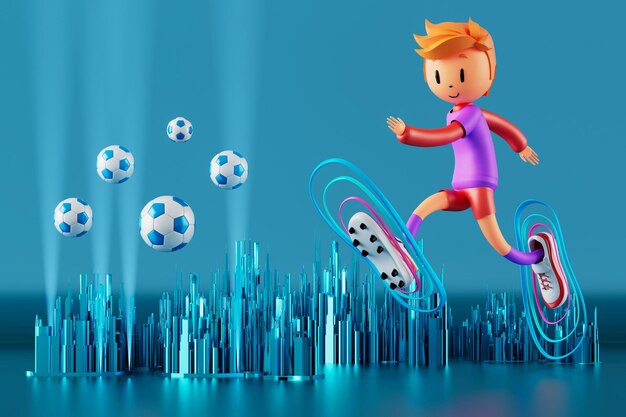 Jogador de futebol de personagem de menino 3D em ação de futebol 3d ilustração esportes fundo conceito homens chutar movimento esportes ação pessoa papel de parede gráfico desenho animado jogo de futebol layout de cartaz criativo