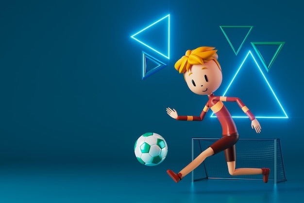 Jogador de futebol de personagem de menino 3D em ação de futebol 3d ilustração esportes fundo conceito homens chutar movimento esportes ação pessoa papel de parede gráfico desenho animado jogo de futebol layout de cartaz criativo