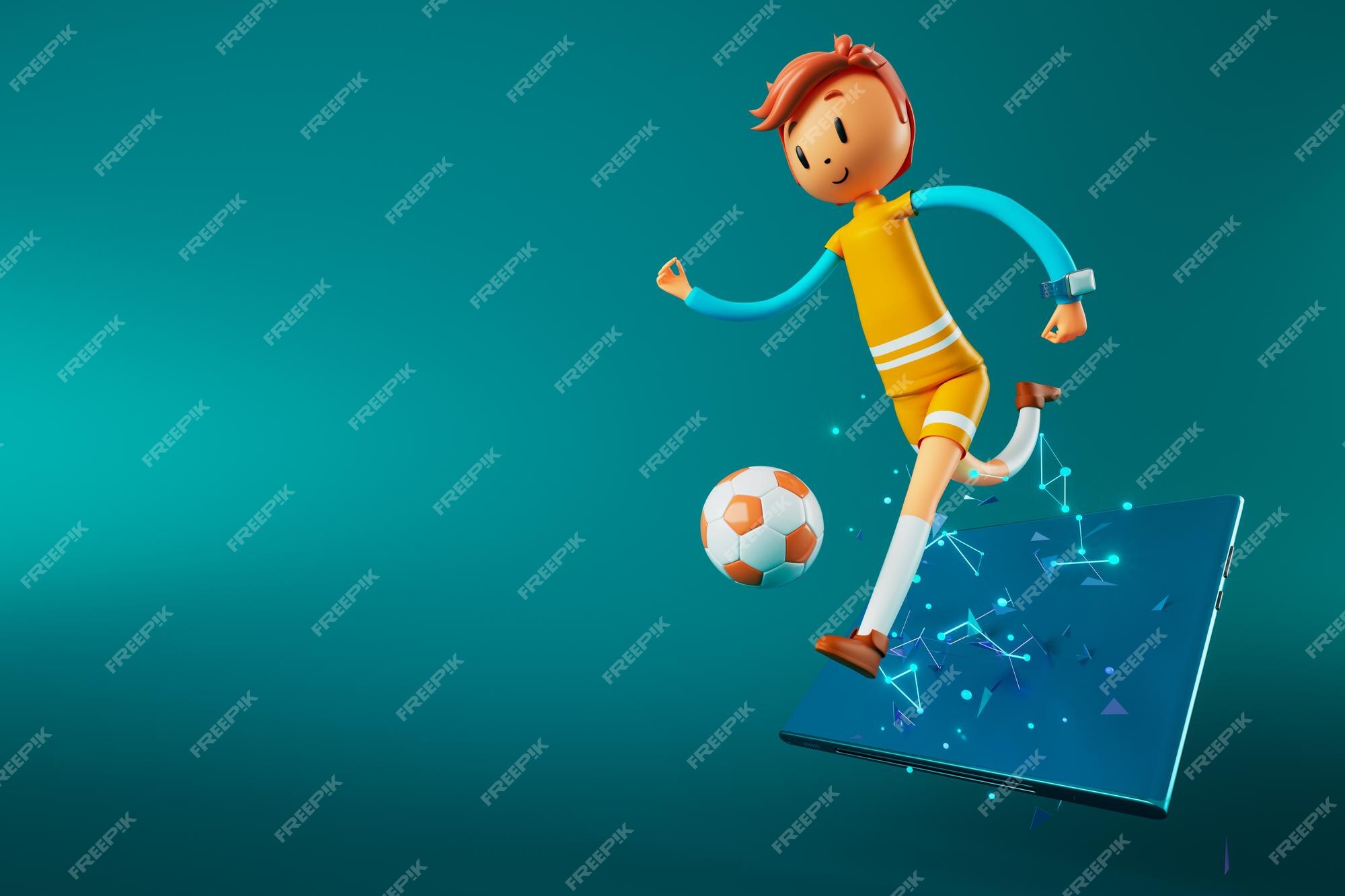 Jogador de futebol de personagem de menino 3d em ação de