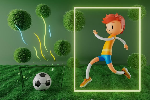 Jogador de futebol de personagem de menino 3D em ação de futebol 3d ilustração esportes fundo conceito homens chutar movimento esportes ação pessoa papel de parede gráfico desenho animado jogo de futebol layout de cartaz criativo