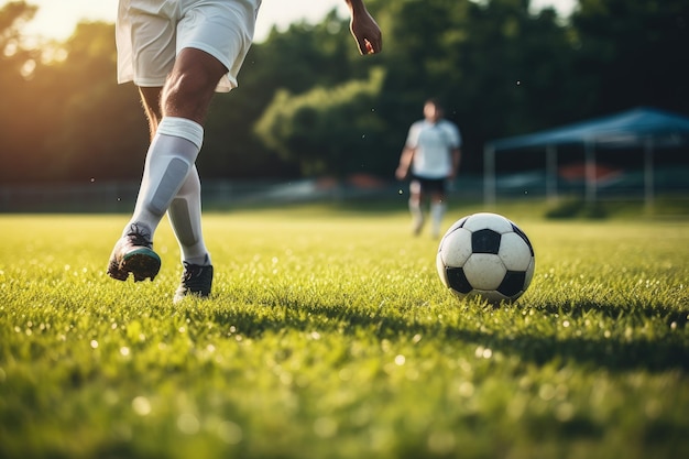 Jogador de futebol em ação correndo e chutando bola no campo de grama