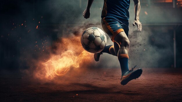 Jogador de futebol em ação em fundo escuro com firegenerative ai