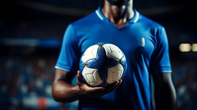 Jogador de futebol irreconhecível segurando a bola no estádio de futebal