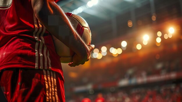 Jogador de futebol irreconhecível segurando uma bola de futebal no estádio