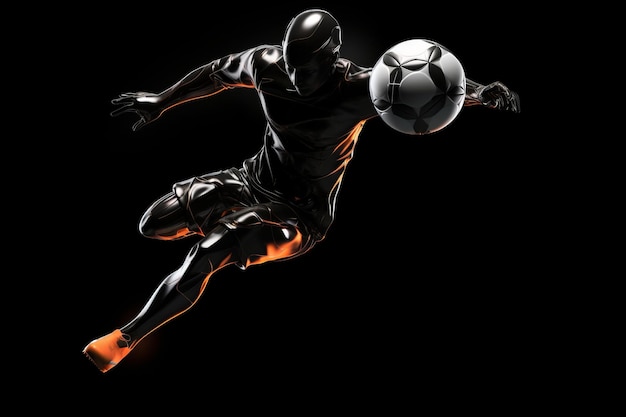 Jogador de futebol no ar chutando bola em um fundo preto AI gerado