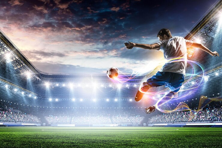 Foto jogador de futebol no estádio em ação. mídia mista