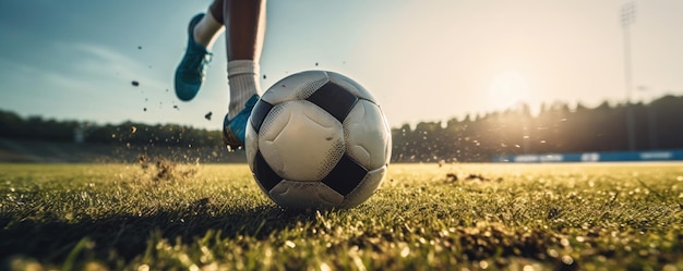 Jogador de futebol ou futebol jogando com a bola no estádio Generative AI