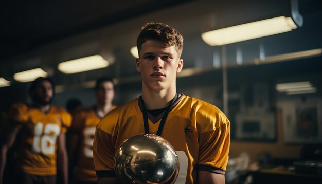 Jogador de futebol segurando o troféu na plataforma