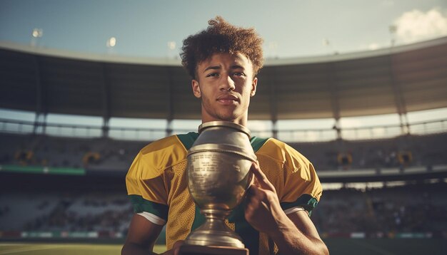 Jogador de futebol segurando troféu na plataforma