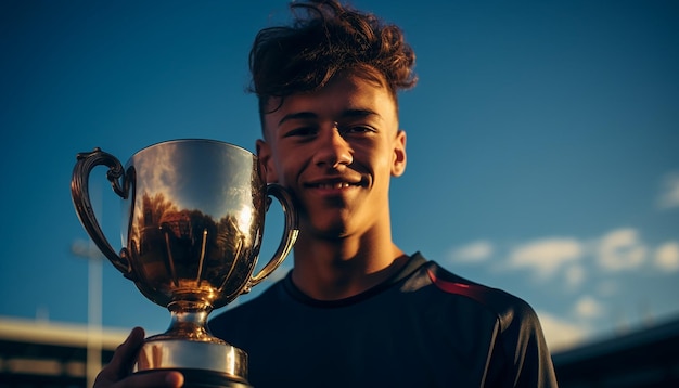 Jogador de futebol segurando troféu na plataforma