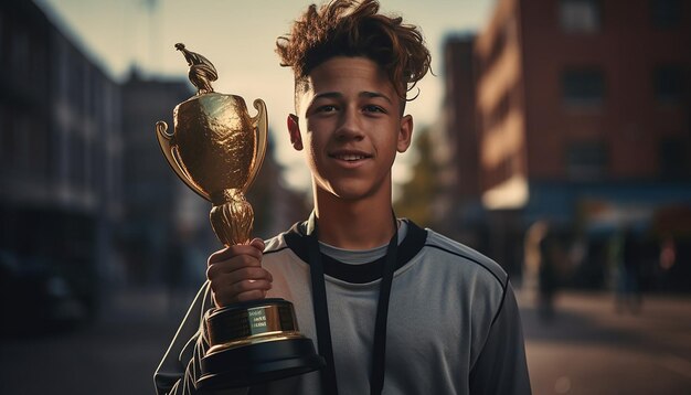 Jogador de futebol segurando troféu na plataforma