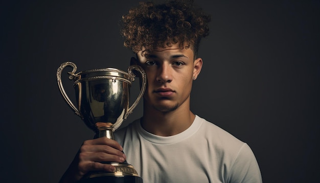 Jogador de futebol segurando troféu na plataforma