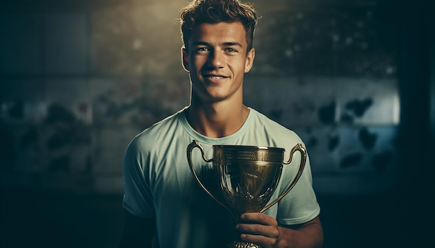 Jogador de futebol segurando troféu na plataforma